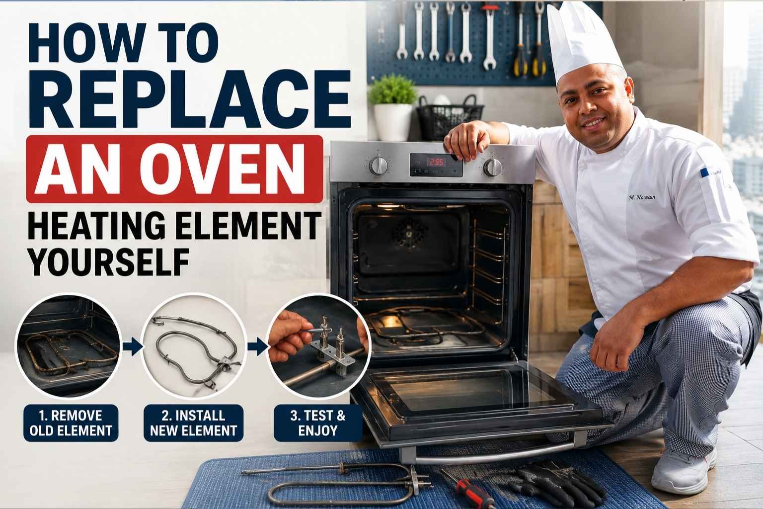 Large bold text reads “How to Replace an Oven Heating Element Yourself.” On the right, a chef in a white uniform and tall chef hat kneels beside an open stainless-steel oven in a modern kitchen. The oven door is open, with heating elements, tools, gloves, and a screwdriver arranged on the floor in front. Along the bottom left, three circular step illustrations show the process: removing the old heating element, installing the new one, and testing the oven. The overall design uses clean, high-contrast colors and a tutorial-style layout.