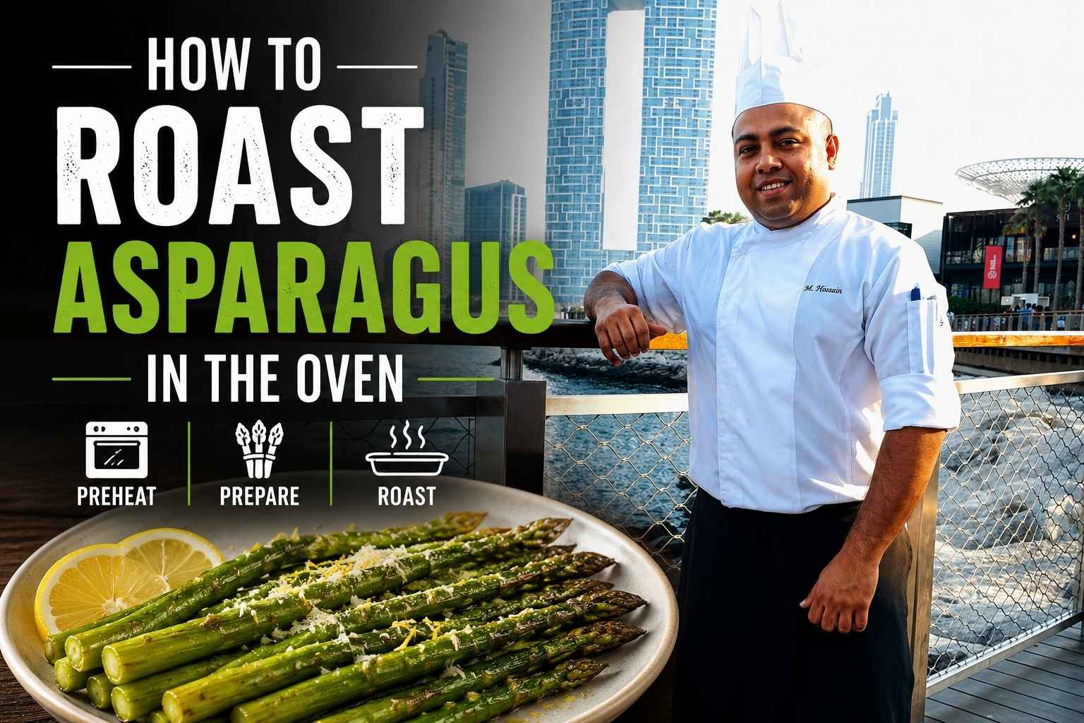 Feature image for “How to Roast Asparagus in the Oven” showing a chef in a white uniform standing on a waterfront boardwalk with a modern city skyline in the background. Large bold text reads “How to Roast Asparagus in the Oven.” A plate of roasted asparagus garnished with lemon slices appears in the foreground, alongside icons representing the steps: preheat, prepare, and roast. The design uses green, white, and black colors for a clean, professional recipe-blog look.