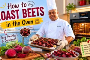 Professional chef standing by a waterfront city skyline beside a bowl of roasted beets, featured in a colorful cooking tutorial graphic with the headline “How to Roast Beets in the Oven.” Fresh beets and herbs surround the dish, highlighting an easy oven-roasting recipe.