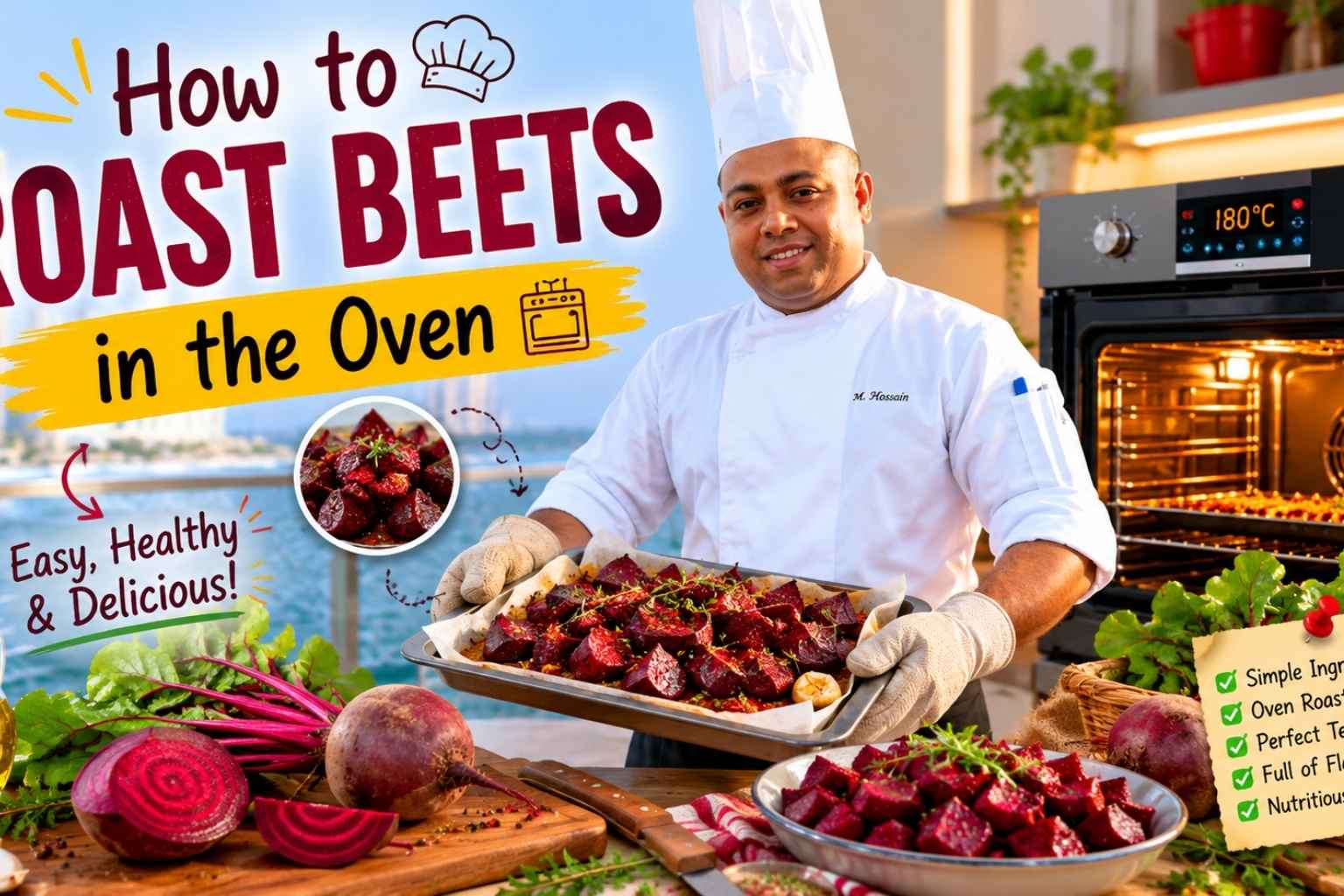 Professional chef standing by a waterfront city skyline beside a bowl of roasted beets, featured in a colorful cooking tutorial graphic with the headline “How to Roast Beets in the Oven.” Fresh beets and herbs surround the dish, highlighting an easy oven-roasting recipe.