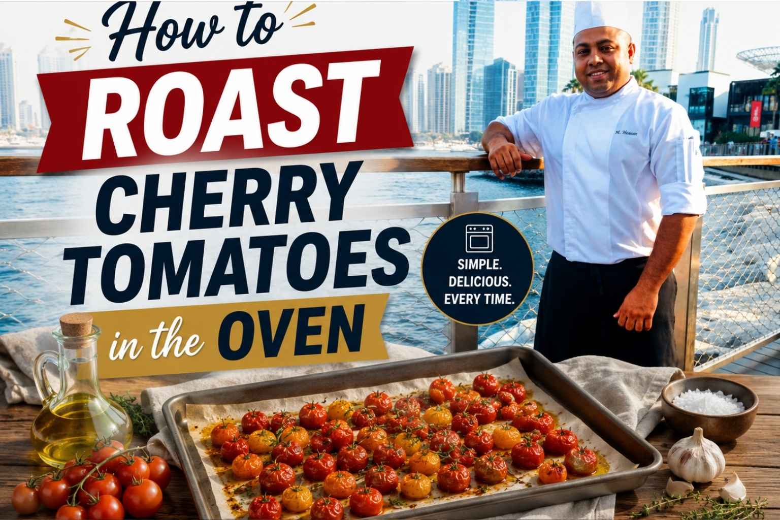 Chef standing on a waterfront promenade with a modern city skyline in the background, beside a tray of roasted cherry tomatoes. The feature image includes the headline “How to Roast Cherry Tomatoes in the Oven” and showcases oven-roasted tomatoes with olive oil, garlic, herbs, and sea salt, highlighting a simple homemade cooking tutorial.