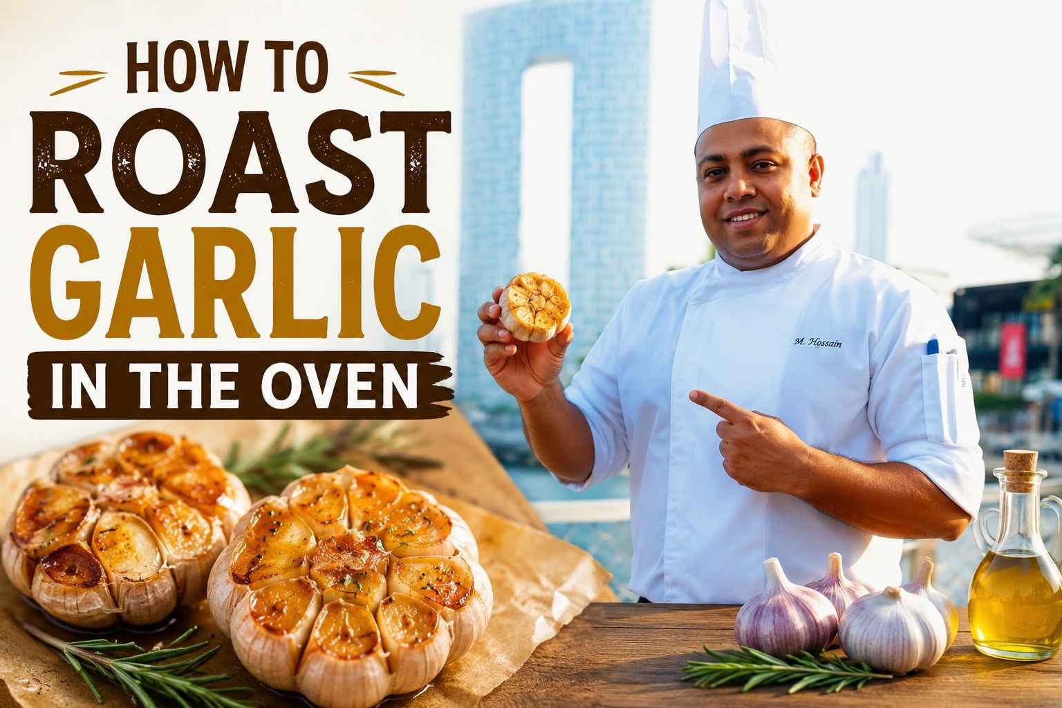 A smiling chef in a white uniform and tall chef hat stands beside a waterfront city skyline, holding a roasted garlic bulb and pointing to it. Large text reads “How to Roast Garlic in the Oven.” In the foreground, golden roasted garlic bulbs rest on parchment paper with fresh rosemary, garlic cloves, and a bottle of olive oil, creating a warm and inviting cooking tutorial scene.
