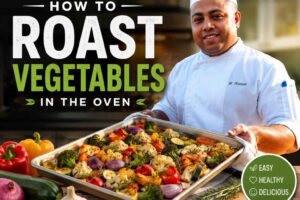 Professional chef in a white uniform holding a large tray of colorful roasted vegetables, including broccoli, cauliflower, peppers, zucchini, and onions, in front of an oven. Bold text reads “How to Roast Vegetables in the Oven,” with fresh vegetables displayed on a wooden countertop and a badge highlighting “Easy, Healthy, Delicious.”