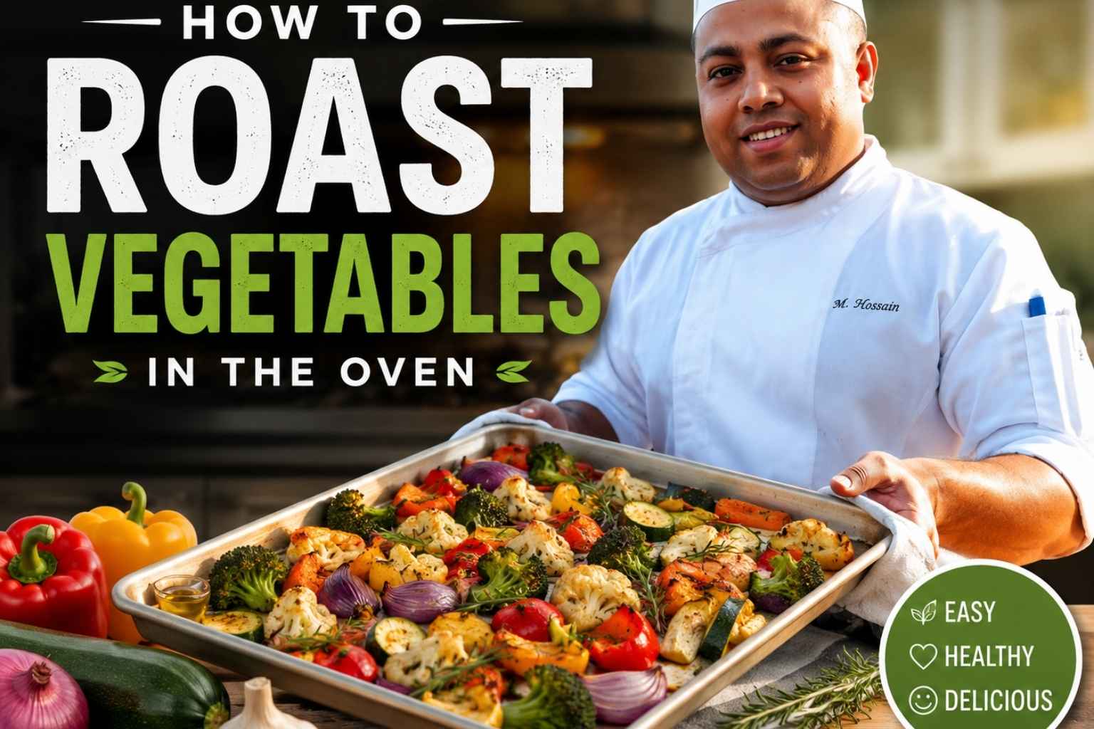 Professional chef in a white uniform holding a large tray of colorful roasted vegetables, including broccoli, cauliflower, peppers, zucchini, and onions, in front of an oven. Bold text reads “How to Roast Vegetables in the Oven,” with fresh vegetables displayed on a wooden countertop and a badge highlighting “Easy, Healthy, Delicious.”