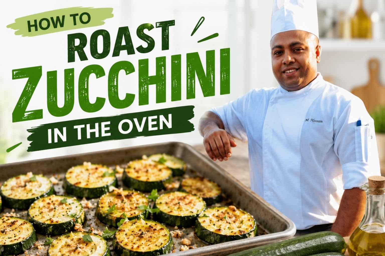 Feature image for "How to Roast Zucchini in the Oven" showing a smiling chef in a white uniform standing in a modern kitchen beside a large baking tray filled with golden-brown roasted zucchini slices. Fresh zucchini, garlic, and olive oil are displayed in the foreground, while bold green text reads “How to Roast Zucchini in the Oven.” The image conveys a fresh, healthy, and easy oven-roasted zucchini recipe.