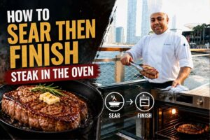 Feature image for a steak-cooking tutorial titled “How to Sear Then Finish Steak in the Oven.” A professional chef in a white uniform stands on a waterfront promenade with a modern city skyline in the background. In the foreground, a thick, golden-brown steak sizzles in a cast-iron skillet topped with butter and rosemary. An oven scene and simple icons illustrate the two-step process: sear in a pan, then finish in the oven. Bold typography and dramatic lighting create an eye-catching culinary blog header.