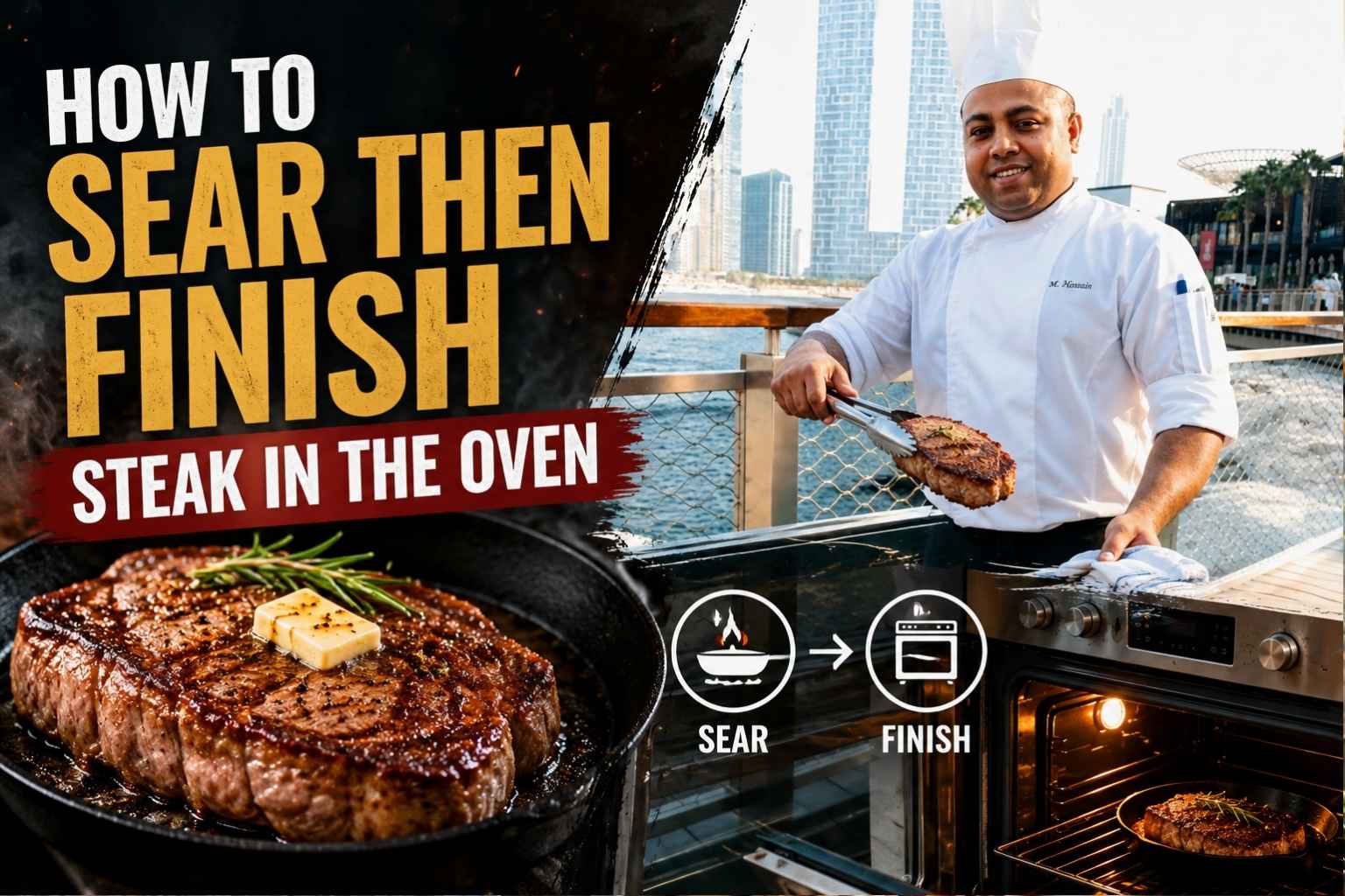 Feature image for a steak-cooking tutorial titled “How to Sear Then Finish Steak in the Oven.” A professional chef in a white uniform stands on a waterfront promenade with a modern city skyline in the background. In the foreground, a thick, golden-brown steak sizzles in a cast-iron skillet topped with butter and rosemary. An oven scene and simple icons illustrate the two-step process: sear in a pan, then finish in the oven. Bold typography and dramatic lighting create an eye-catching culinary blog header.