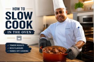 A professional chef in a white chef’s uniform and tall hat stands in a modern kitchen beside an open oven, holding a red Dutch oven filled with a slow-cooked stew. Large bold text on the left reads “How to Slow Cook in the Oven,” with highlighted benefits including “Tender Results,” “Rich Flavours,” and “Hands-Off Cooking.” The warm kitchen setting and glowing oven create a welcoming, instructional food-cooking atmosphere.