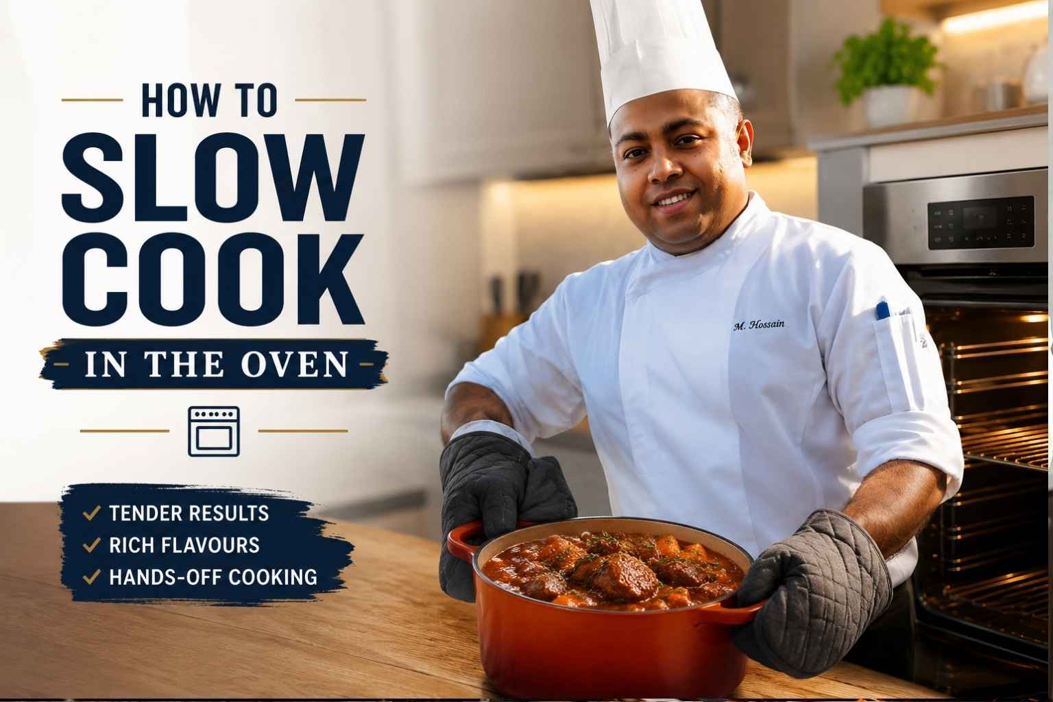 A professional chef in a white chef’s uniform and tall hat stands in a modern kitchen beside an open oven, holding a red Dutch oven filled with a slow-cooked stew. Large bold text on the left reads “How to Slow Cook in the Oven,” with highlighted benefits including “Tender Results,” “Rich Flavours,” and “Hands-Off Cooking.” The warm kitchen setting and glowing oven create a welcoming, instructional food-cooking atmosphere.
