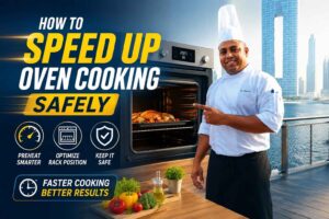 Professional chef in a white uniform and toque stands beside a modern oven, pointing toward a roasted meal inside. Large bold text reads “How to Speed Up Oven Cooking Safely,” with icons highlighting preheating smarter, optimizing rack position, and safe cooking practices. Fresh vegetables are displayed on a countertop, while a waterfront city skyline forms the background, creating a clean and engaging cooking tutorial feature image.