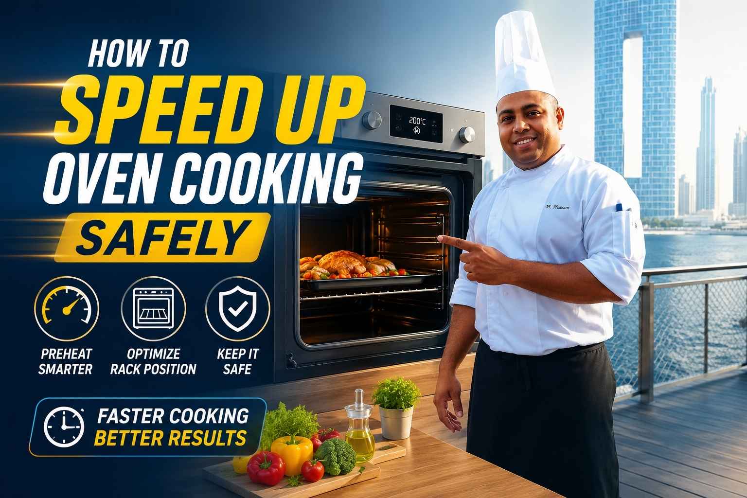 Professional chef in a white uniform and toque stands beside a modern oven, pointing toward a roasted meal inside. Large bold text reads “How to Speed Up Oven Cooking Safely,” with icons highlighting preheating smarter, optimizing rack position, and safe cooking practices. Fresh vegetables are displayed on a countertop, while a waterfront city skyline forms the background, creating a clean and engaging cooking tutorial feature image.