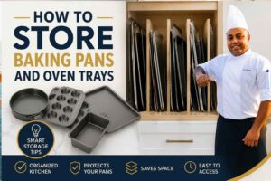A professional chef in a white uniform stands beside a neatly organized kitchen cabinet filled with vertically stored baking pans, oven trays, and cooling racks. Large headline text reads “How to Store Baking Pans and Oven Trays,” with images of common bakeware displayed below. Icons along the bottom highlight benefits such as kitchen organization, pan protection, space saving, and easy access. The design uses a clean white, navy, and gold color scheme for a modern instructional blog feature image.