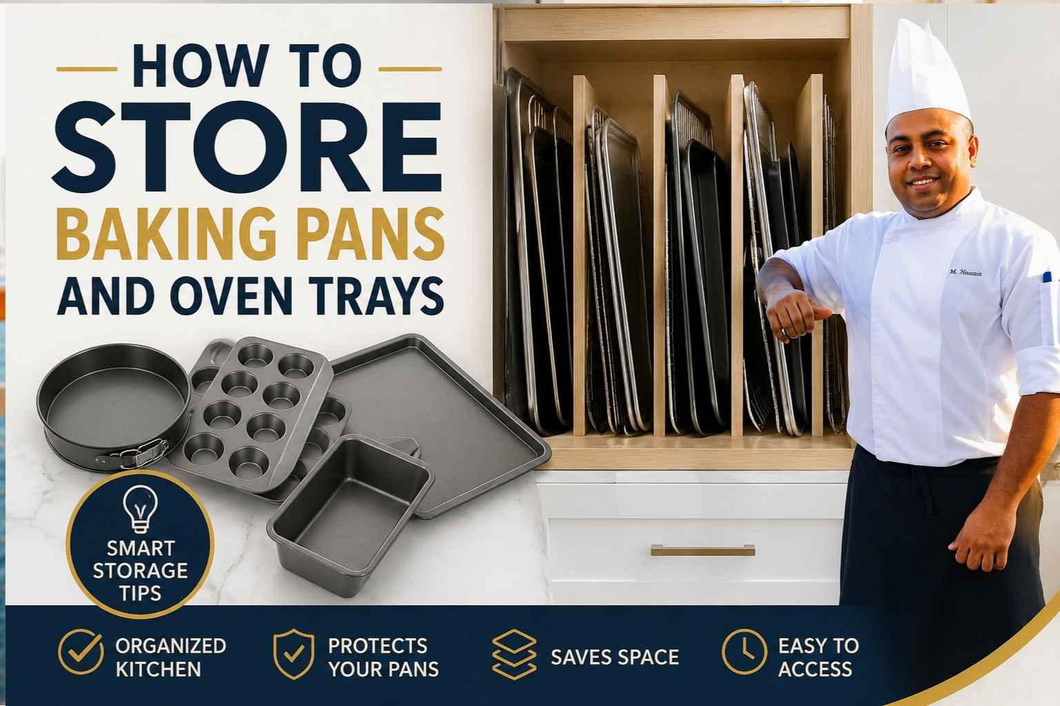 A professional chef in a white uniform stands beside a neatly organized kitchen cabinet filled with vertically stored baking pans, oven trays, and cooling racks. Large headline text reads “How to Store Baking Pans and Oven Trays,” with images of common bakeware displayed below. Icons along the bottom highlight benefits such as kitchen organization, pan protection, space saving, and easy access. The design uses a clean white, navy, and gold color scheme for a modern instructional blog feature image.