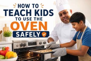 Professional chef teaching a child how to use an oven safely in a bright modern kitchen. The chef and child wear oven mitts while placing a tray of cookies into an open oven. Large headline text reads “How to Teach Kids to Use the Oven Safely,” with a safety shield icon emphasizing kitchen safety and supervised cooking for children.