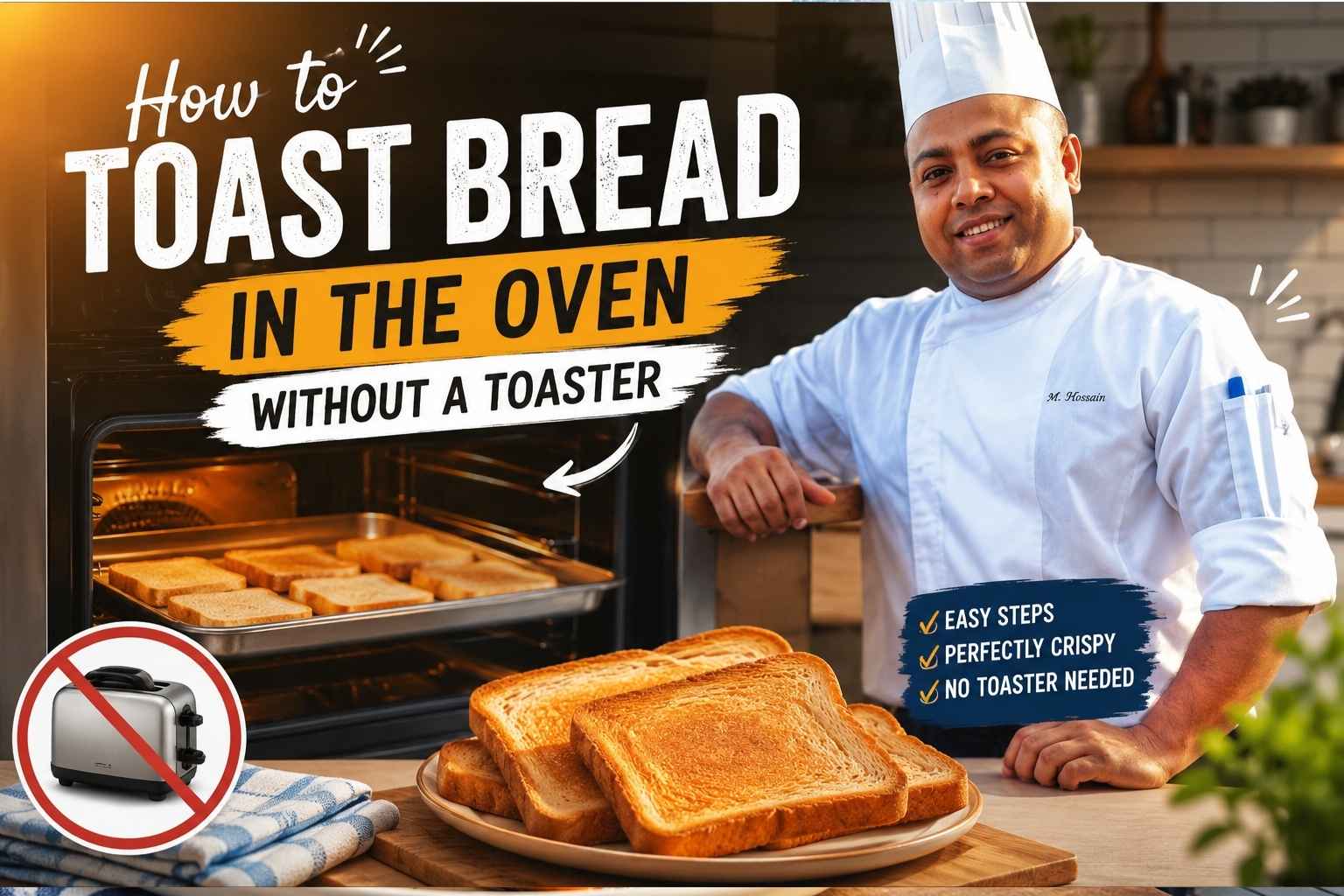 Feature image showing a professional chef in a white uniform standing beside an oven filled with slices of bread being toasted. In the foreground, golden crispy toast is stacked on a plate, while bold text reads “How to Toast Bread in the Oven Without a Toaster.” A crossed-out toaster icon highlights the no-toaster method, creating a bright and engaging cooking tutorial style design.