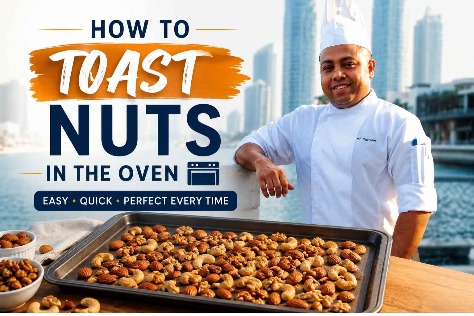 Feature image for a cooking tutorial titled “How to Toast Nuts in the Oven.” A professional chef in a white chef’s coat and hat stands beside a tray of mixed toasted nuts on a baking sheet. Large bold text reads “How to Toast Nuts in the Oven,” with a waterfront city skyline blurred in the background. The design highlights an easy, quick method for perfectly toasted nuts.