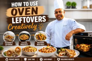 Chef Mossaraof standing beside an oven with creative leftover dishes, demonstrating how to use oven leftovers creatively for delicious new meals.