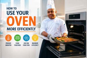 A smiling chef in a white uniform and tall chef’s hat stands beside an open modern oven, holding a tray of roasted food in a bright kitchen. Large headline text reads “How to Use Your Oven More Efficiently,” with colorful icons below highlighting tips such as preheating smarter, cooking multiple dishes together, using the fan function, and maximizing energy efficiency. The design is styled as a professional blog feature image with a clean, modern look.