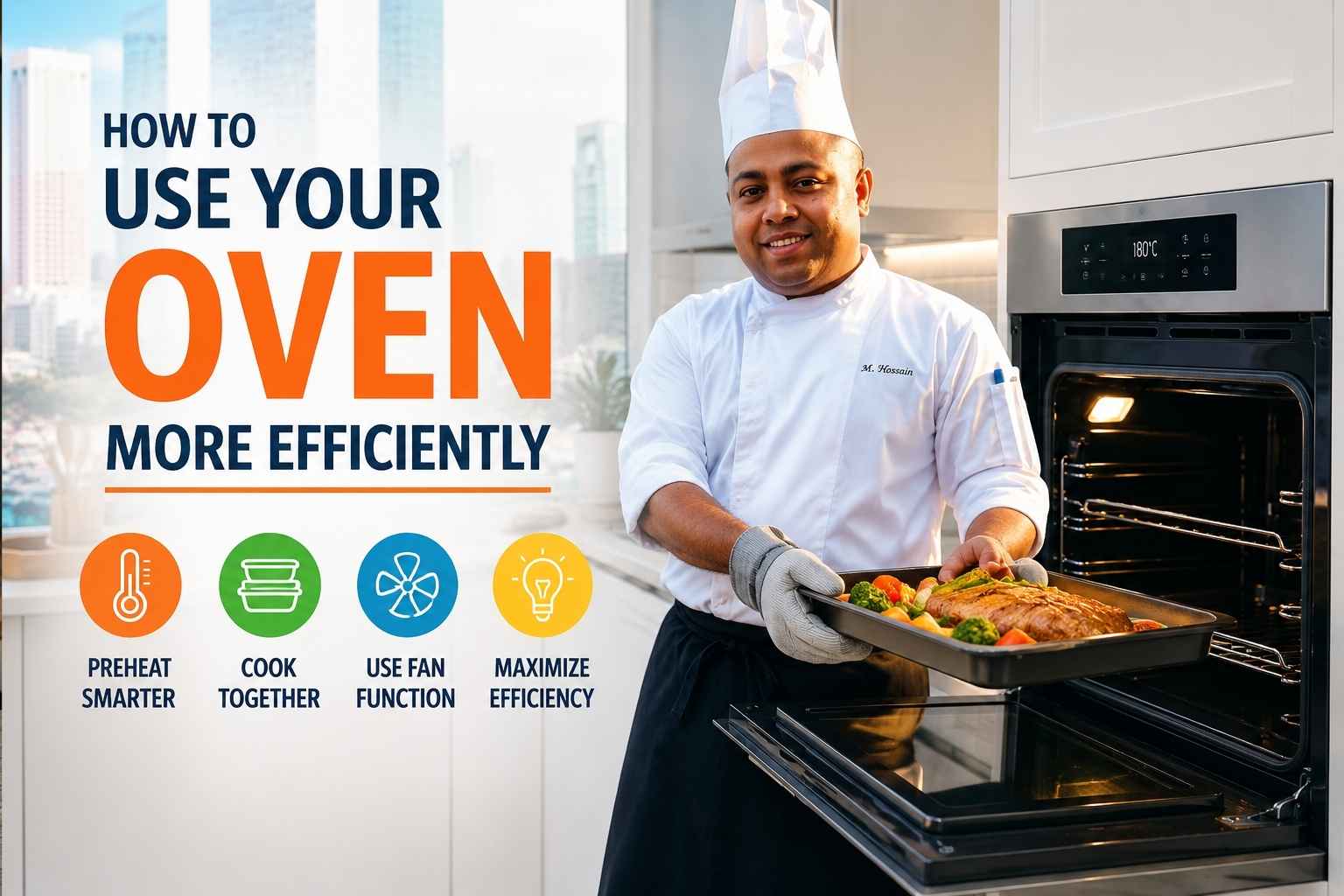 A smiling chef in a white uniform and tall chef’s hat stands beside an open modern oven, holding a tray of roasted food in a bright kitchen. Large headline text reads “How to Use Your Oven More Efficiently,” with colorful icons below highlighting tips such as preheating smarter, cooking multiple dishes together, using the fan function, and maximizing energy efficiency. The design is styled as a professional blog feature image with a clean, modern look.