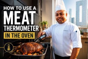 Professional chef demonstrating how to use a meat thermometer in the oven by checking the internal temperature of a large roasted meat. The chef stands beside an open oven holding a digital thermometer inserted into the roast, with bold text reading “How to Use a Meat Thermometer in the Oven.” The warm kitchen setting and close-up view highlight proper temperature checking for safe and accurate cooking.