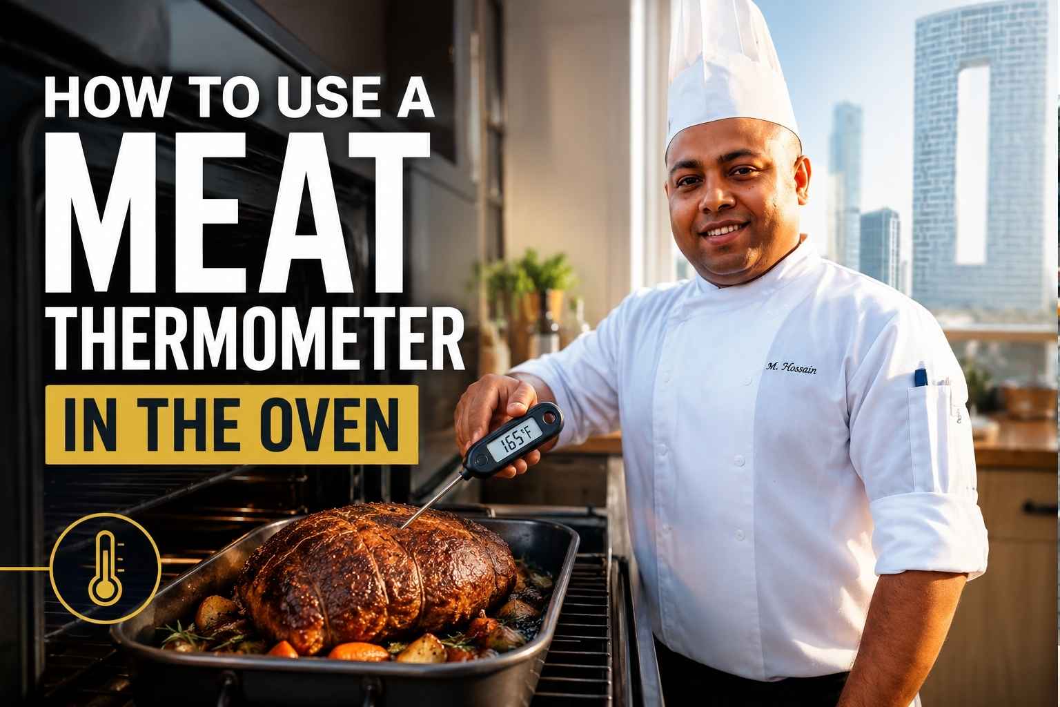 Professional chef demonstrating how to use a meat thermometer in the oven by checking the internal temperature of a large roasted meat. The chef stands beside an open oven holding a digital thermometer inserted into the roast, with bold text reading “How to Use a Meat Thermometer in the Oven.” The warm kitchen setting and close-up view highlight proper temperature checking for safe and accurate cooking.