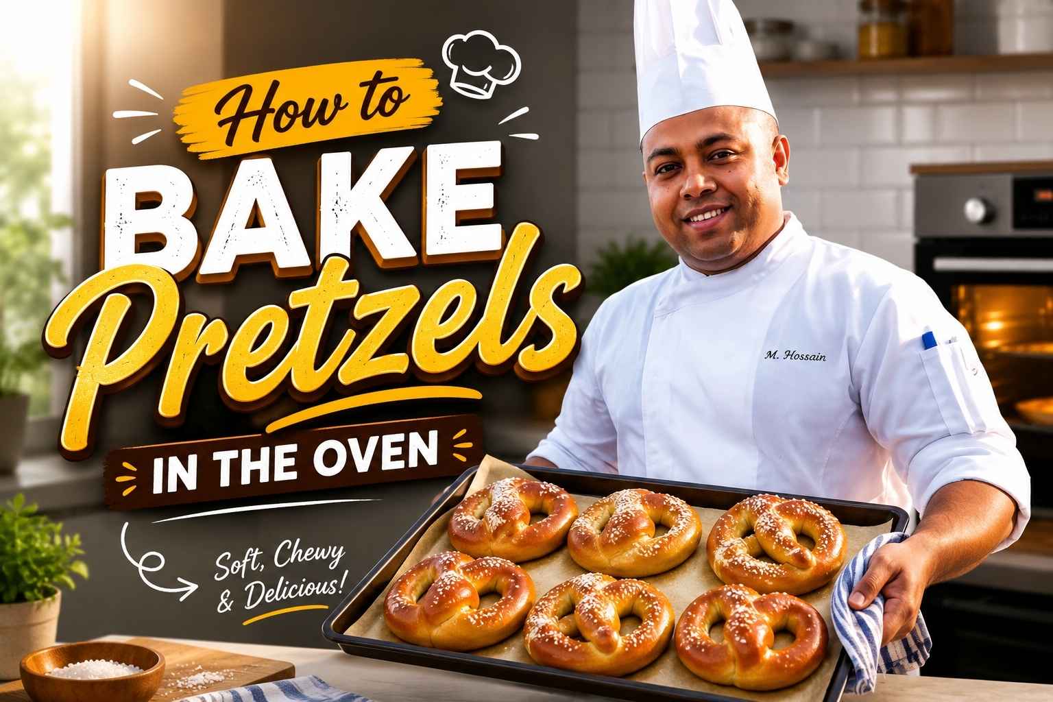 A professional chef in a white uniform and chef’s hat stands on a waterfront boardwalk with a modern city skyline in the background. The image is designed as a feature graphic for a baking tutorial, with golden-brown soft pretzels displayed prominently and bold text reading “How to Bake Pretzels in the Oven.” The scene conveys a welcoming, step-by-step homemade baking experience focused on soft, chewy pretzels.