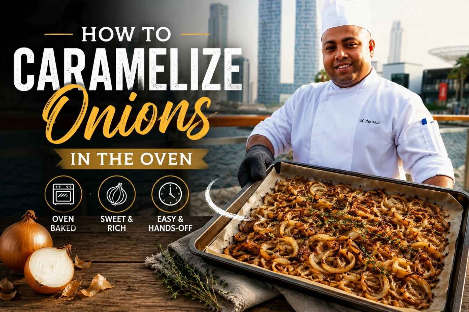 Chef in a white uniform holding a tray of golden caramelized onions on a waterfront boardwalk, with the text "How to Caramelize Onions in the Oven" displayed prominently alongside icons highlighting oven-baked, sweet and rich, and easy hands-off cooking.