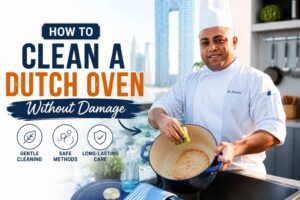 A professional chef in a white uniform and chef hat holds a Dutch oven while cleaning it with a sponge in a bright modern kitchen. Large headline text reads “How to Clean a Dutch Oven Without Damage.” Icons below highlight gentle cleaning, safe methods, and long-lasting care. The chef smiles toward the camera, with kitchen utensils, a bottle of cleaner, and a folded towel visible nearby. The design is styled as an educational cooking and cookware care tutorial thumbnail.