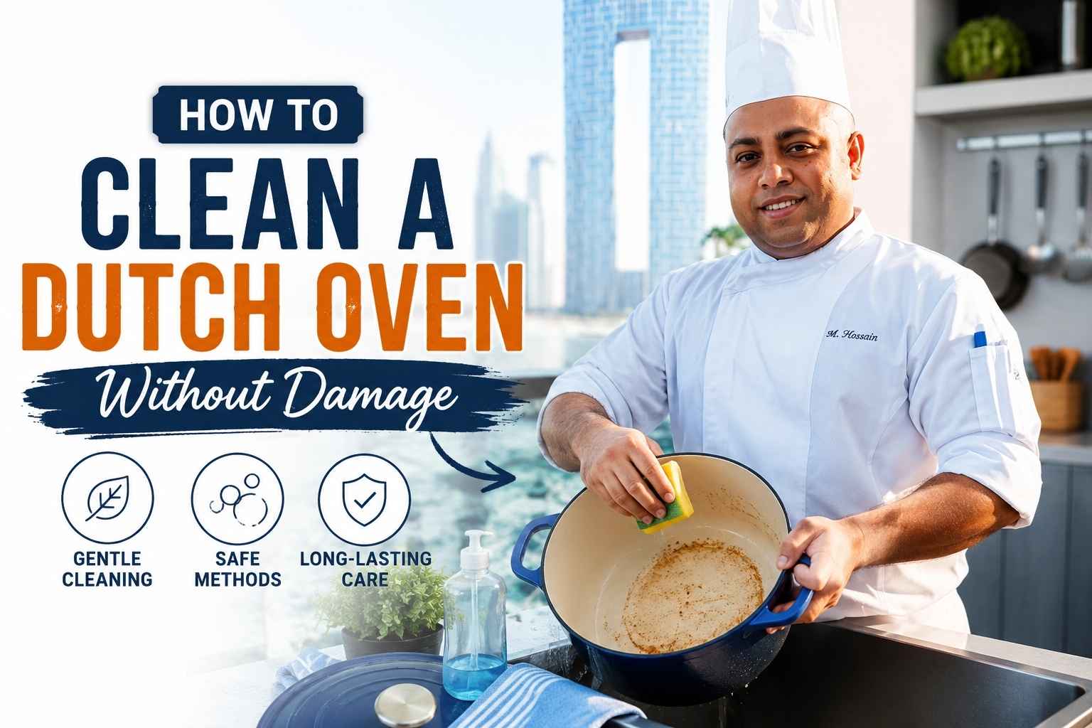 A professional chef in a white uniform and chef hat holds a Dutch oven while cleaning it with a sponge in a bright modern kitchen. Large headline text reads “How to Clean a Dutch Oven Without Damage.” Icons below highlight gentle cleaning, safe methods, and long-lasting care. The chef smiles toward the camera, with kitchen utensils, a bottle of cleaner, and a folded towel visible nearby. The design is styled as an educational cooking and cookware care tutorial thumbnail.