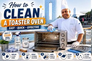 Professional chef standing beside a toaster oven with cleaning supplies in a bright kitchen setting, demonstrating how to clean a toaster oven. The feature image includes step-by-step cleaning instructions, vinegar and baking soda solutions, and a waterfront city skyline background, highlighting an easy and effective toaster oven cleaning guide.