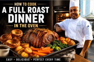 A promotional cooking thumbnail featuring a smiling chef in a white uniform and tall chef hat standing beside a large oven-roasted dinner tray filled with golden-brown roast meat, roasted potatoes, carrots, broccoli, Yorkshire puddings, and gravy. Bold text reads “How to Cook a Full Roast Dinner in the Oven,” set against a dark modern kitchen background with warm oven lighting, designed as an eye-catching recipe or YouTube feature image.