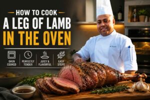Chef in a white uniform and toque standing beside a large roasted leg of lamb on a wooden cutting board in a modern kitchen. Bold headline text reads “How to Cook a Leg of Lamb in the Oven,” with icons highlighting oven-cooked, perfectly tender, juicy and flavorful results, and easy preparation steps. Fresh rosemary, garlic, and sliced lamb are displayed in the foreground.