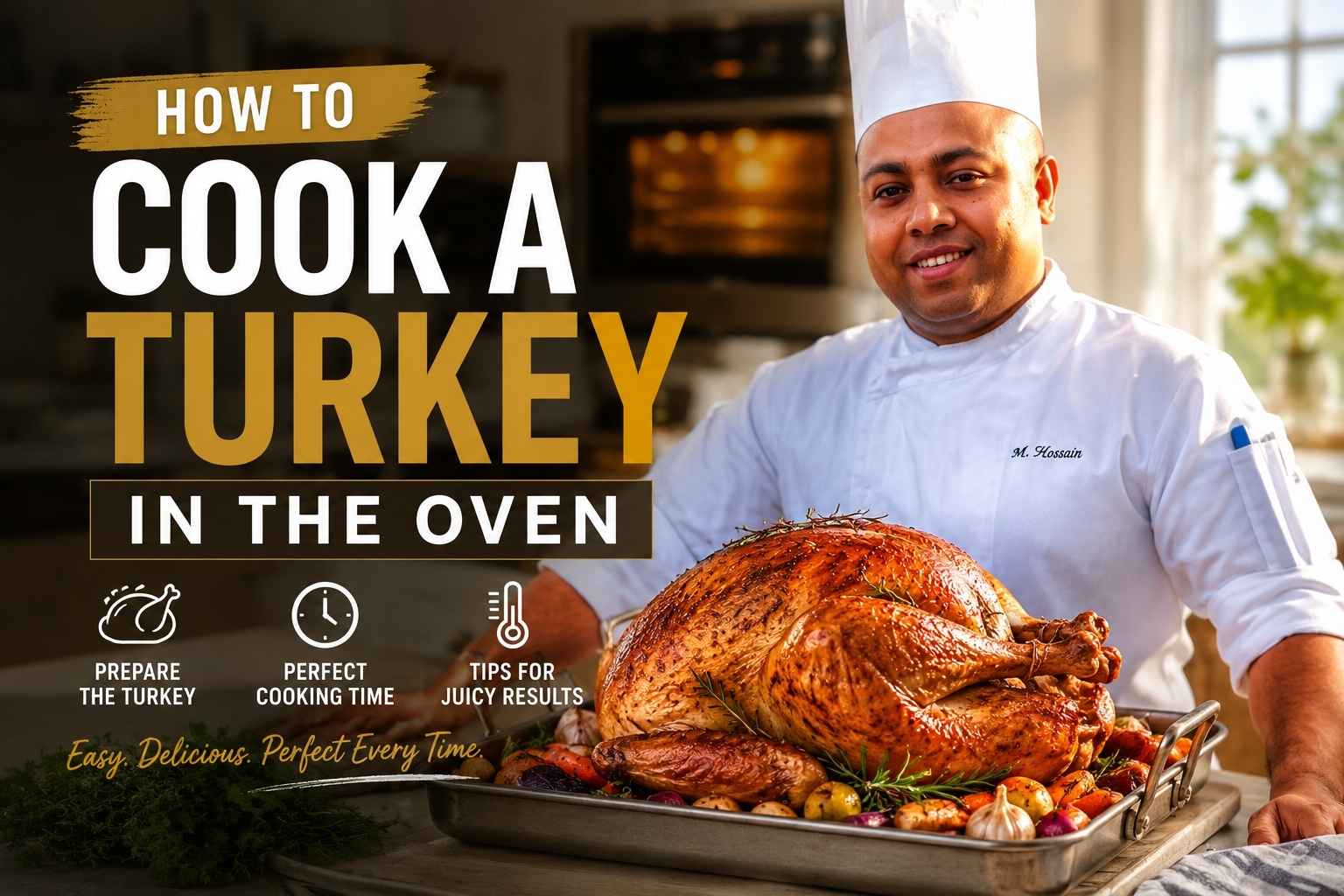 Smiling chef in a white uniform and tall chef’s hat stands beside a golden roasted turkey in a roasting pan filled with vegetables. Large headline text reads “How to Cook a Turkey in the Oven,” with icons highlighting preparation, cooking time, and tips for juicy results. The background shows a warm, modern kitchen with an oven glowing behind the chef, creating an inviting cooking tutorial cover image.