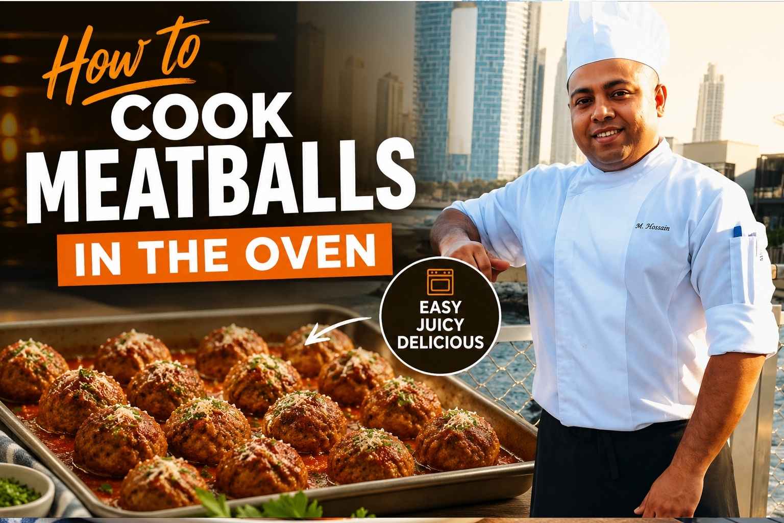 Professional chef in a white uniform and chef hat standing beside a tray of baked meatballs in tomato sauce. Large bold text reads “How to Cook Meatballs in the Oven.” The golden-brown meatballs are topped with herbs and grated cheese, while a modern city skyline appears in the background, creating an eye-catching food blog feature image.