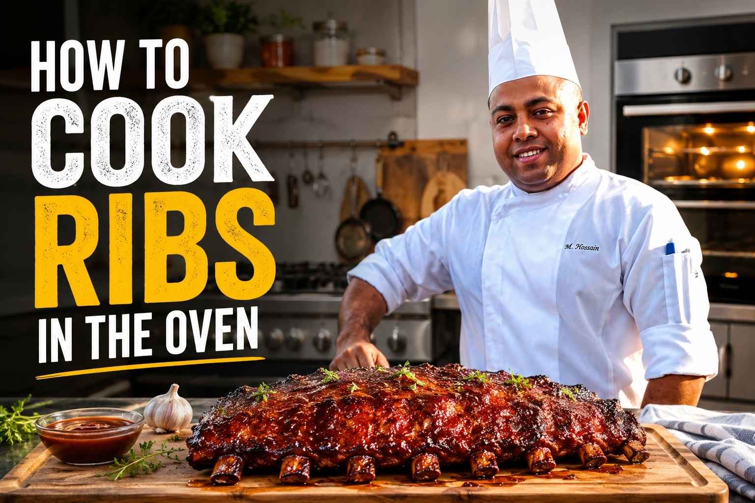 Smiling chef in a white uniform standing in a modern kitchen behind a large rack of glazed barbecue ribs on a wooden cutting board, with bold text reading “How to Cook Ribs in the Oven.” The countertop features a bowl of barbecue sauce, garlic, and fresh herbs, while an oven and cooking utensils are visible in the background.
