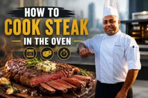 Chef in a white uniform presenting a cooking tutorial design titled “How to Cook Steak in the Oven,” featuring a juicy sliced steak with herbs and butter on a wooden board, oven and timer icons, and a modern kitchen background.