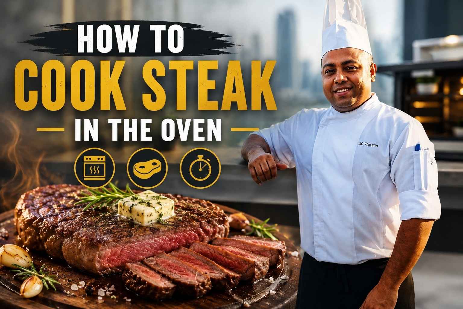 Chef in a white uniform presenting a cooking tutorial design titled “How to Cook Steak in the Oven,” featuring a juicy sliced steak with herbs and butter on a wooden board, oven and timer icons, and a modern kitchen background.