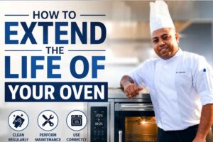 How to Extend the Life of Your Oven” featuring a smiling chef in a white uniform leaning beside a modern stainless-steel oven. Large blue headline text is displayed on the left, along with maintenance icons and tips: clean regularly, perform maintenance, and use correctly. The image has a bright, professional kitchen background and emphasizes oven care and longevity.