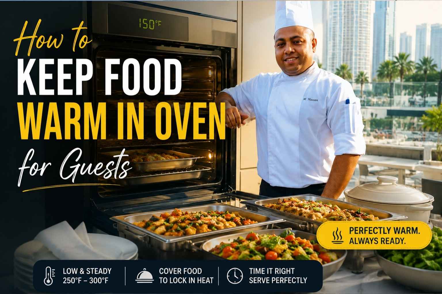 "Feature image for a food hosting guide showing a chef in a white uniform standing beside an open oven filled with hot dishes. Buffet trays of prepared food are arranged in the foreground, while large headline text reads 'How to Keep Food Warm in Oven for Guests.' The design includes tips such as maintaining a low oven temperature, covering food to retain heat, and timing service properly. A warm, professional kitchen setting and city skyline background create an inviting atmosphere for entertaining and meal preparation."