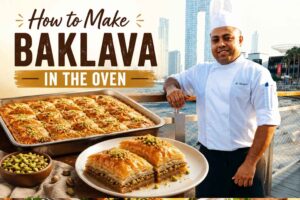Chef in a white uniform standing by a waterfront promenade with a city skyline in the background, alongside freshly baked golden baklava topped with pistachios and the text "How to Make Baklava in the Oven."