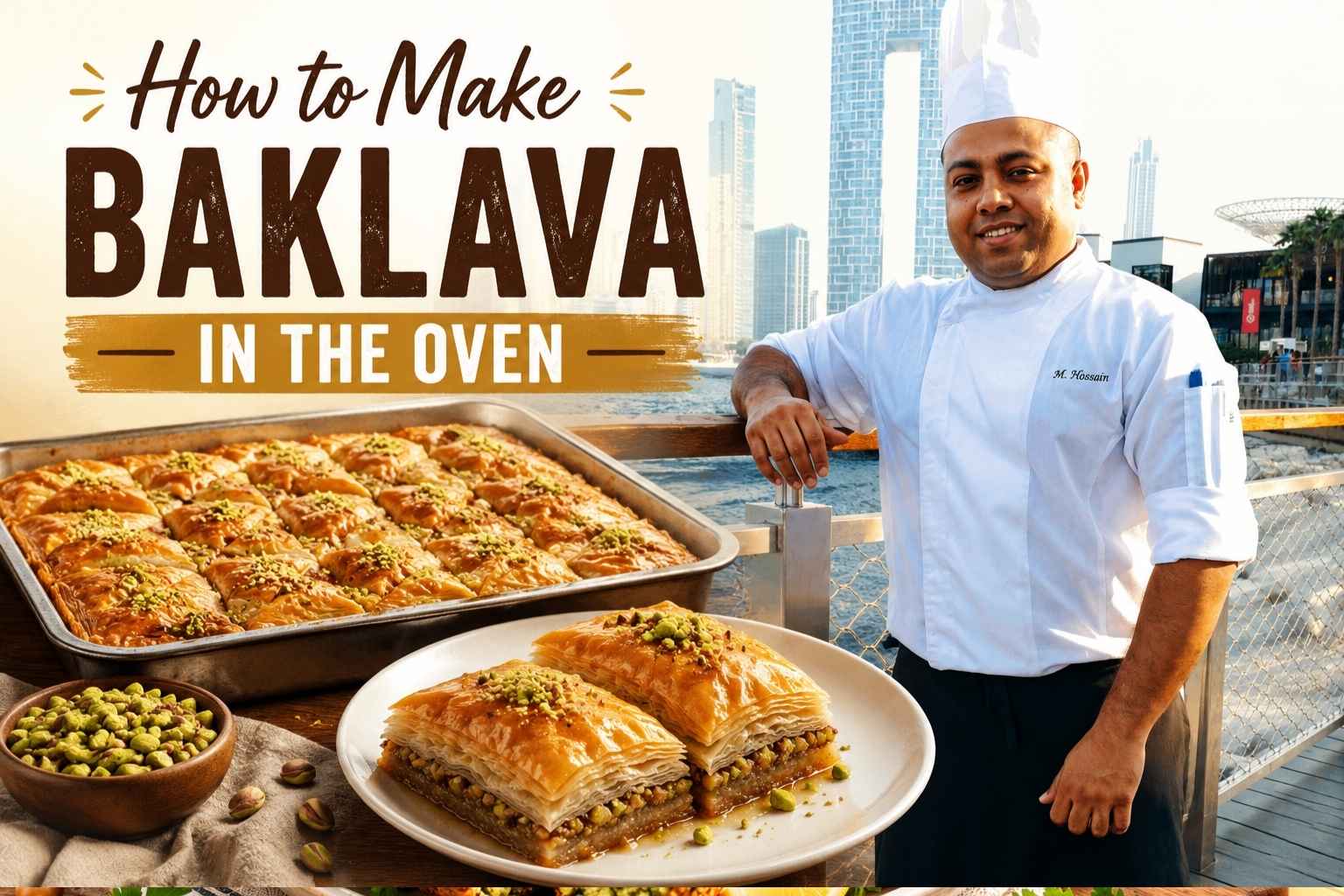 Chef in a white uniform standing by a waterfront promenade with a city skyline in the background, alongside freshly baked golden baklava topped with pistachios and the text "How to Make Baklava in the Oven."