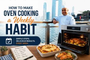 "Feature image showing a smiling professional chef standing beside a waterfront city skyline with a modern oven displaying a roasted chicken. A weekly meal plan, baked casserole, and salmon dish sit on the counter, alongside the headline 'How to Make Oven Cooking a Weekly Habit,' promoting simple weekly meal planning and oven cooking."