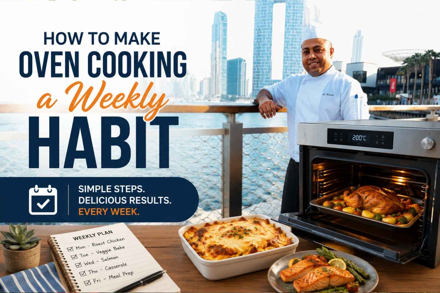 "Feature image showing a smiling professional chef standing beside a waterfront city skyline with a modern oven displaying a roasted chicken. A weekly meal plan, baked casserole, and salmon dish sit on the counter, alongside the headline 'How to Make Oven Cooking a Weekly Habit,' promoting simple weekly meal planning and oven cooking."