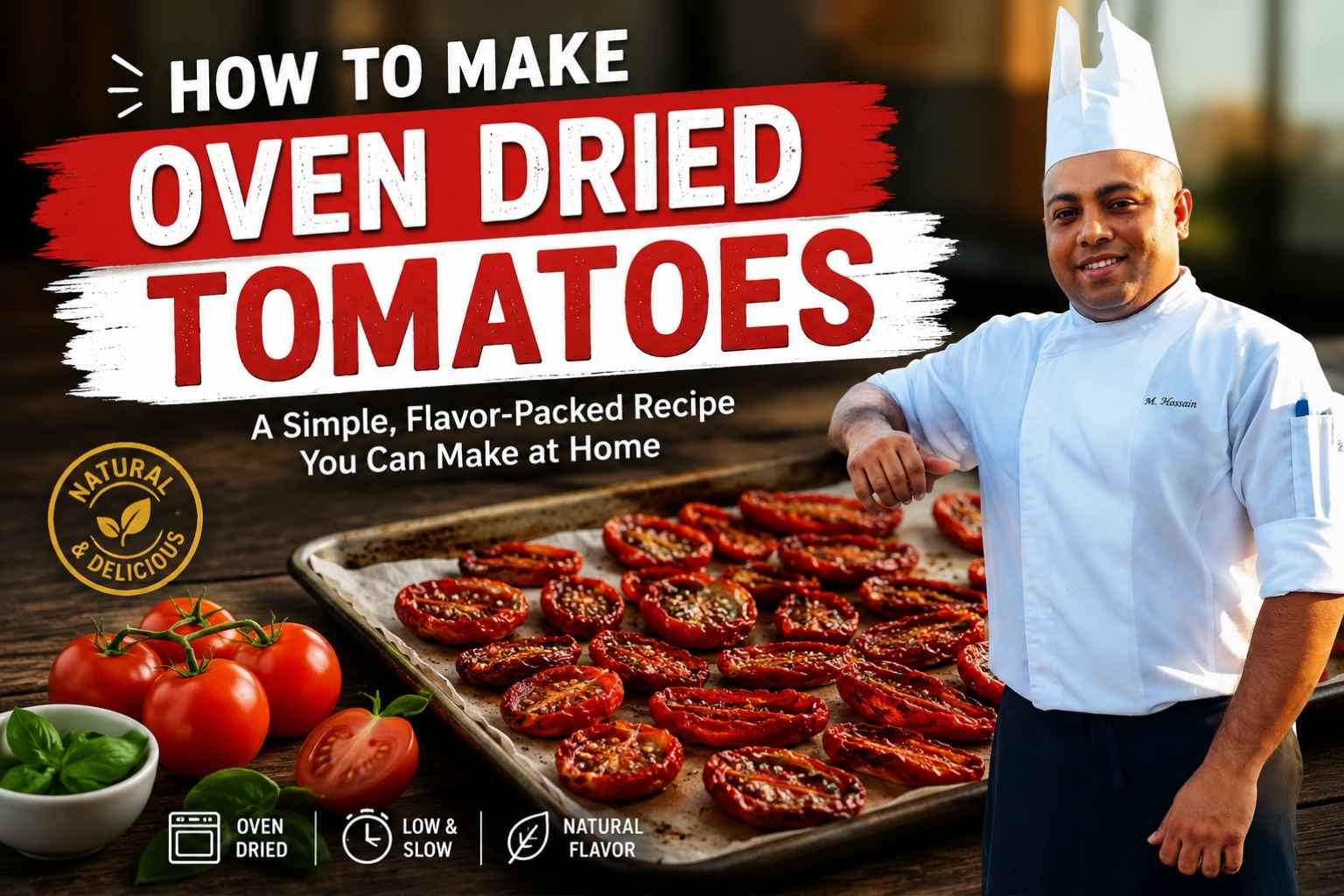 Professional chef standing beside a tray of oven-dried tomatoes on a rustic wooden table, featured in a colorful cooking tutorial banner. Fresh tomatoes, basil leaves, and cooking icons surround the scene, with bold text reading “How to Make Oven Dried Tomatoes – A Simple, Flavor-Packed Recipe You Can Make at Home.” The design emphasizes homemade cooking, natural ingredients, and slow-roasted tomato preparation.