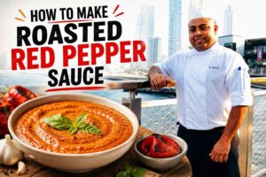 Professional chef in a white uniform and chef hat standing on a waterfront promenade with a modern city skyline in the background. In the foreground, a large bowl of creamy roasted red pepper sauce garnished with fresh basil is surrounded by roasted red peppers and garlic. Bold text reads “How to Make Roasted Red Pepper Sauce,” creating an eye-catching feature image for a cooking tutorial.