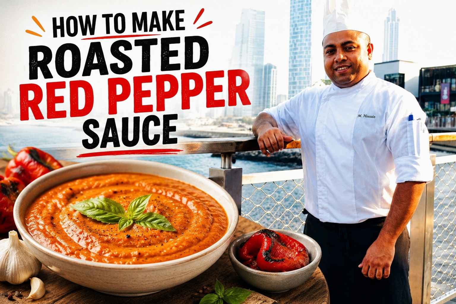 Professional chef in a white uniform and chef hat standing on a waterfront promenade with a modern city skyline in the background. In the foreground, a large bowl of creamy roasted red pepper sauce garnished with fresh basil is surrounded by roasted red peppers and garlic. Bold text reads “How to Make Roasted Red Pepper Sauce,” creating an eye-catching feature image for a cooking tutorial.