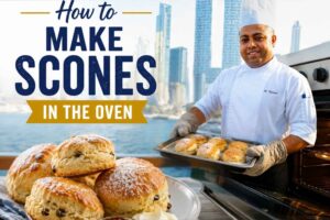 Smiling chef in a white uniform holding a tray of freshly baked scones beside an oven, with a waterfront city skyline in the background. A plate of golden, flaky scones topped with powdered sugar is displayed in the foreground, alongside jam and cream. Large text reads, “How to Make Scones in the Oven.”