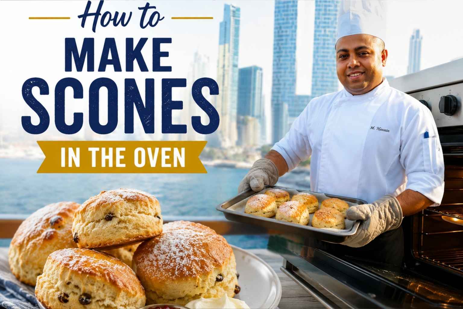 Smiling chef in a white uniform holding a tray of freshly baked scones beside an oven, with a waterfront city skyline in the background. A plate of golden, flaky scones topped with powdered sugar is displayed in the foreground, alongside jam and cream. Large text reads, “How to Make Scones in the Oven.”