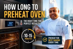Professional chef in a white uniform standing beside a modern oven in a sleek kitchen. Large headline text reads “How Long to Preheat Oven,” with graphics showing a recommended preheating time of 10–15 minutes, a thermometer icon, and a message encouraging proper preheating for the best baking results. The oven display shows 350°F while the open oven glows warmly, creating an informative and inviting cooking-themed feature image.