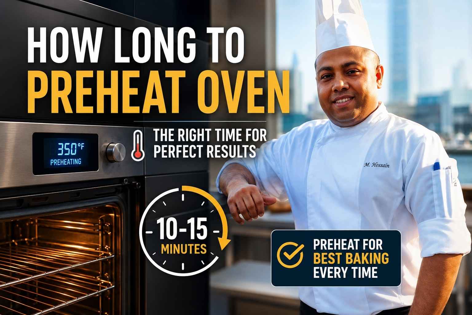 Professional chef in a white uniform standing beside a modern oven in a sleek kitchen. Large headline text reads “How Long to Preheat Oven,” with graphics showing a recommended preheating time of 10–15 minutes, a thermometer icon, and a message encouraging proper preheating for the best baking results. The oven display shows 350°F while the open oven glows warmly, creating an informative and inviting cooking-themed feature image.
